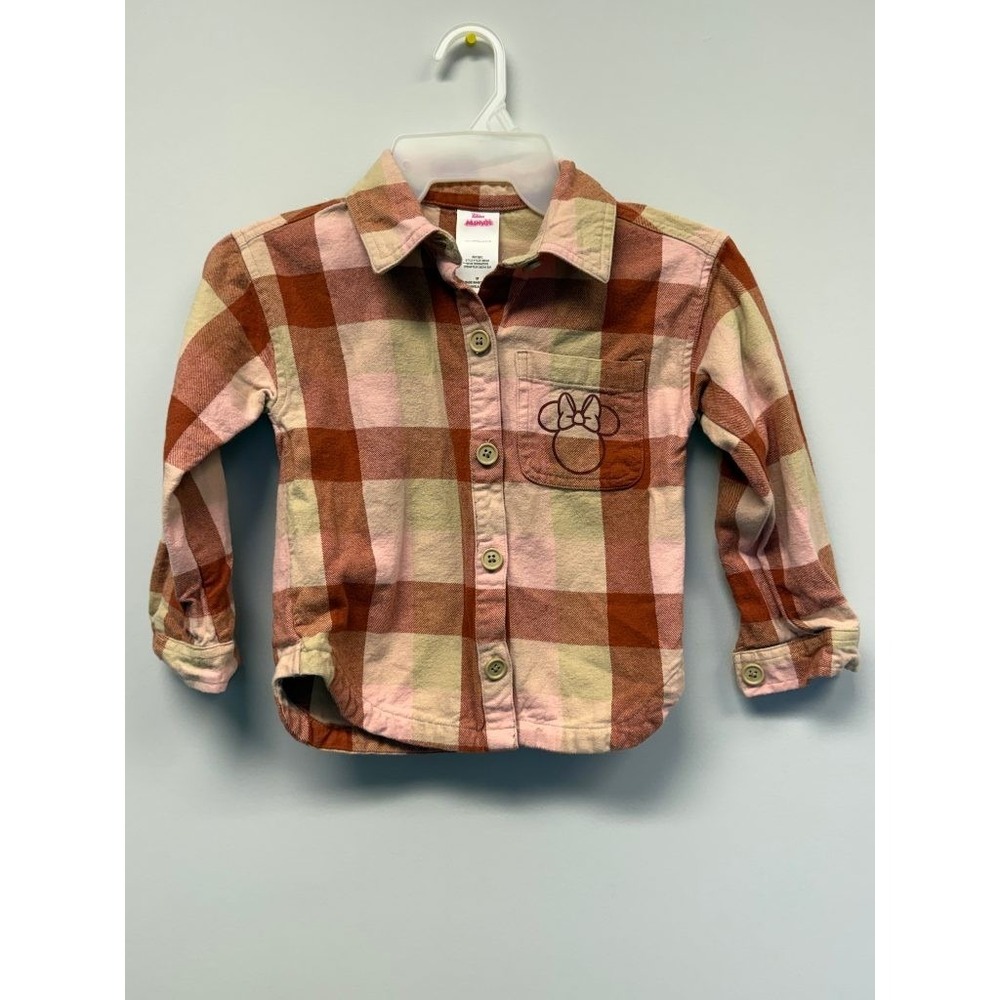 Disney Junior Minnie Mouse Girls 5T Flannel Shirt Plaid Pink Rust Button Down